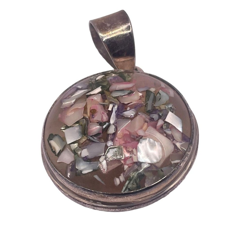 Vintage Sterling‎ Silver 925 Lucite Shell Pieces Abalone Mother Of Pearl Pendant